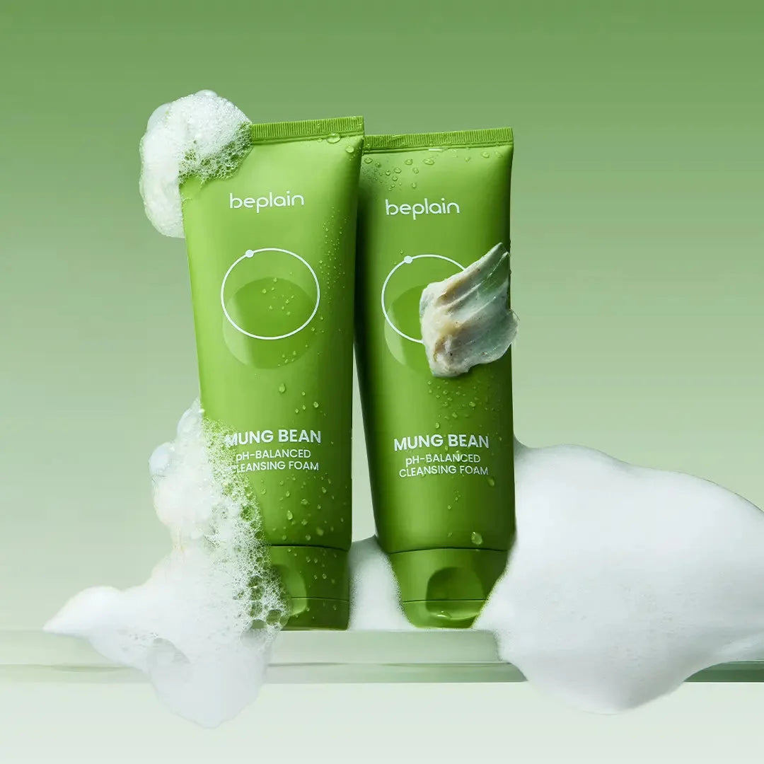 Beplain Mung Bean Cleansing Foam application — lather and massage gently on face