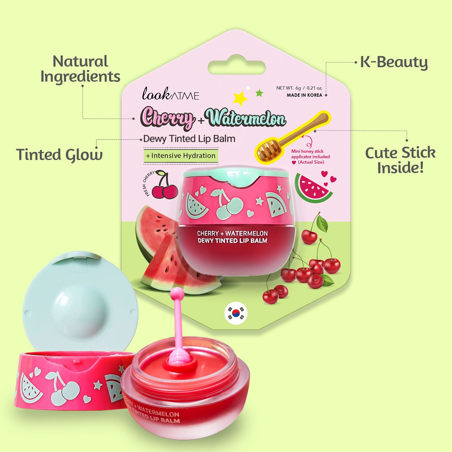 Look At Me Cherry Watermelon Dewy Tinted Lip Balm, Natural Ingredients, Korean Skin Care, Long-Lasting Moisture, Gifts For Women (0.2 fl.oz.)