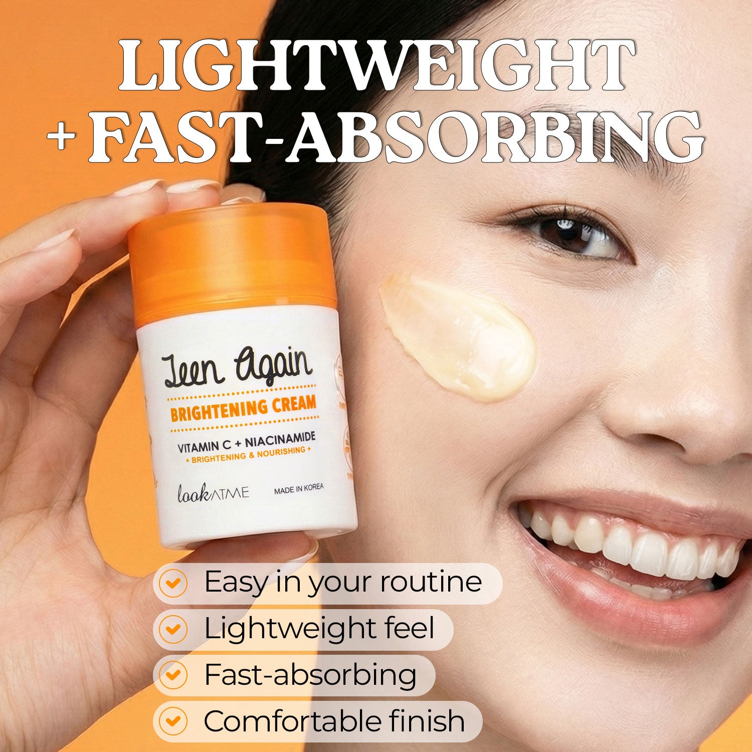 Look At Me Teen Again Brightening Cream with Vitamin C + Niacinamide, Lightweight Fast-Absorbing Face Moisturizer for Dull, Uneven-Looking Skin, 1.69 fl oz, Made in Korea